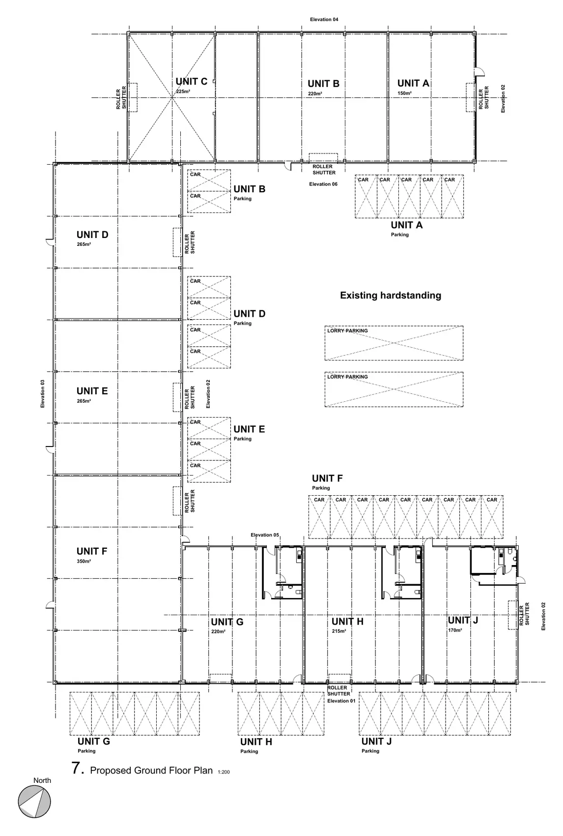 Proposed ground floor plan showing Units A to H and J